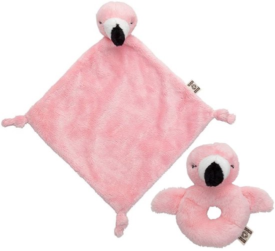 Pluche dieren setje roze flamingo knuffel rammelaar van 15 cm en tutteldoekje 40 cm van Funnies. — afbeelding 4