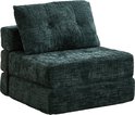 Smaragdgroene chenillestof futon met kussen en gespbevestiging.
