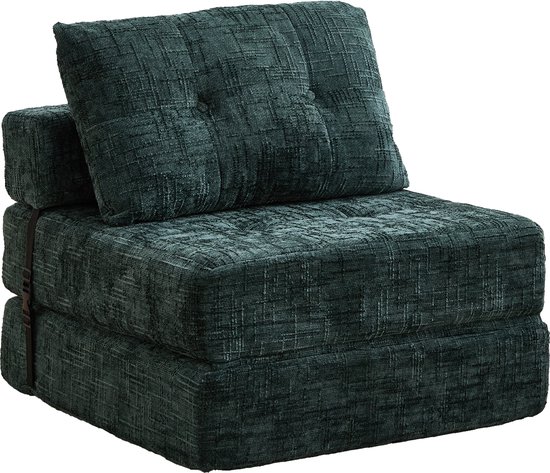Smaragdgroene chenillestof futon met kussen en gespbevestiging.