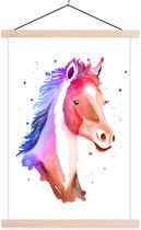 Posterhanger incl. Poster 40x60 cm - Schoolplaat - Paard - Roze - Blauw - Meisjes - Kinderen - Meiden - Textielposter - Blanke latten