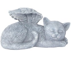Grafsteen - Grafdecoratie - Gedenksteen kat - Forever Loved - Slapende poes grijs - Katten met vleugels - Aandenken huisdier - Standbeeld polyresin - Tuindecoratie - Herdenkingsbeeld - Rustplaats