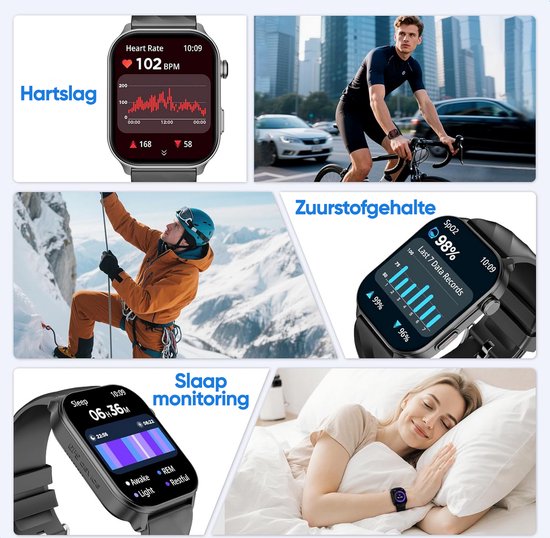 Smartwatch toont hartslag en SpO2. Afbeeldingen van fietser, klimmer en slapende vrouw.