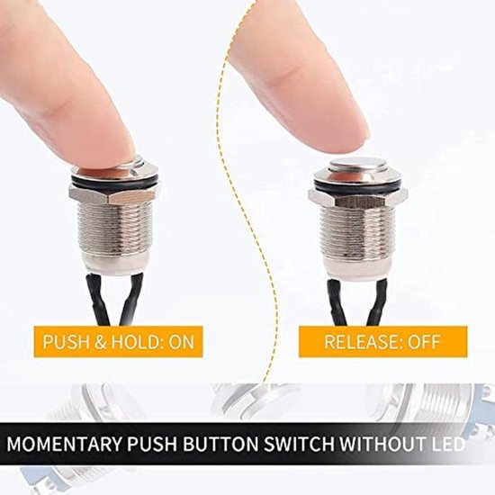 Momentane waterdichte knop 12 mm - Roestvrij staal, voorbedraad, 2A/12V/24V/125V/250V — afbeelding 2