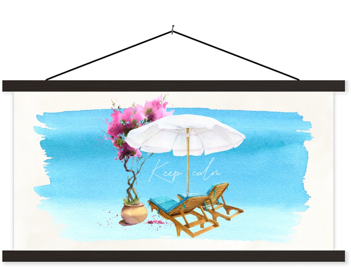 Posterhanger incl. Poster 150x75 cm - Schoolplaat - Strandstoel - Parasol - Bloemen - Aqua