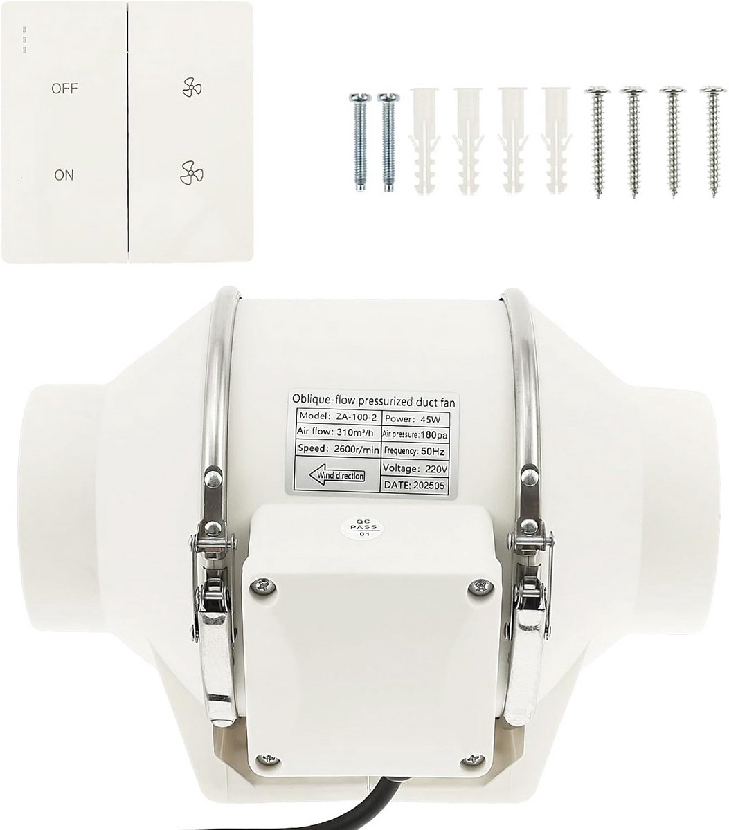 Krachtige Tijdgestuurde Buisventilator (100mm) met Vocht- en Temperatuursensor | 310 m³/uur