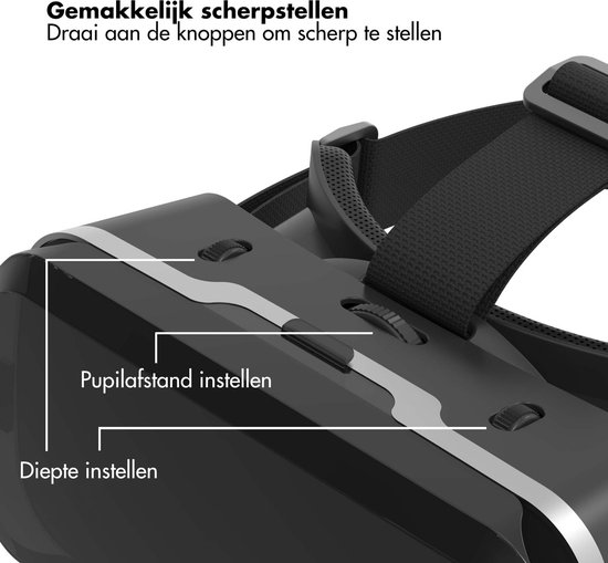 Zwarte VR-bril met instelknoppen voor pupilafstand en diepte. "Gemakkelijk scherpstellen. Draai aan de knoppen om scherp te stellen."