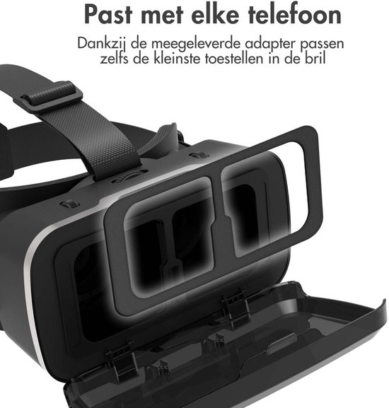 Zwart VR-hoofdtelefoon met verstelbare band en adapter voor smartphone.