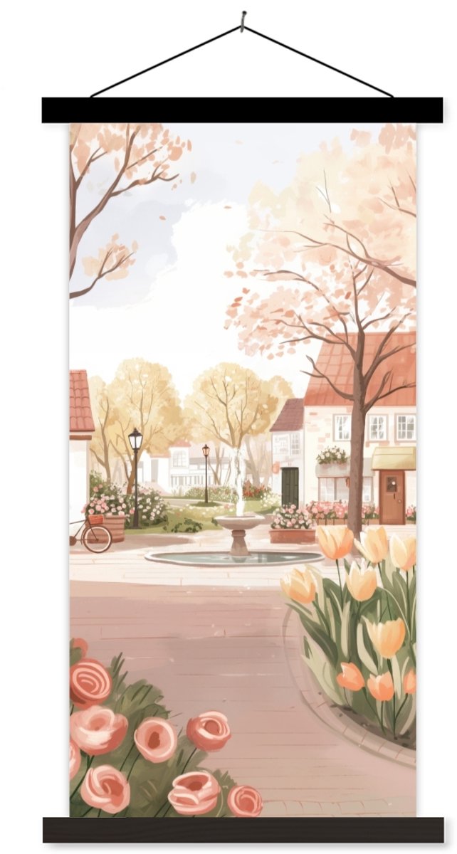 Posterhanger incl. Poster 60x120 cm - Schoolplaat - Dorpsplein - Fontein - Tulpen - Textie