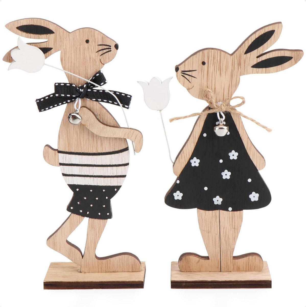 Decoratieve Paas Displays - Paar Paashazen met Bloem - Houten Paasdecoratie - 2 Stuks