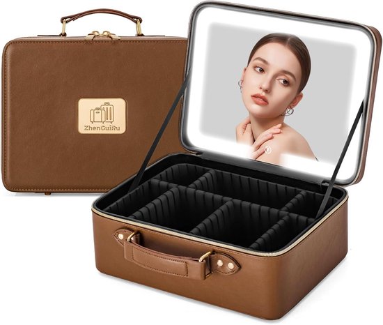 Make-uptas met verlichte spiegel, toilettas, ledlicht, make-up-organizer, reiskoffer, make-uptas voor dames, leeg, Zwart, L, cosmeticakoffer Make-uptas met verlichte spiegel, toilettas, ledlicht, make-up-organizer, reiskoffer, make-uptas voor dames, leeg, Zwart, L, cosmeticakoffer
