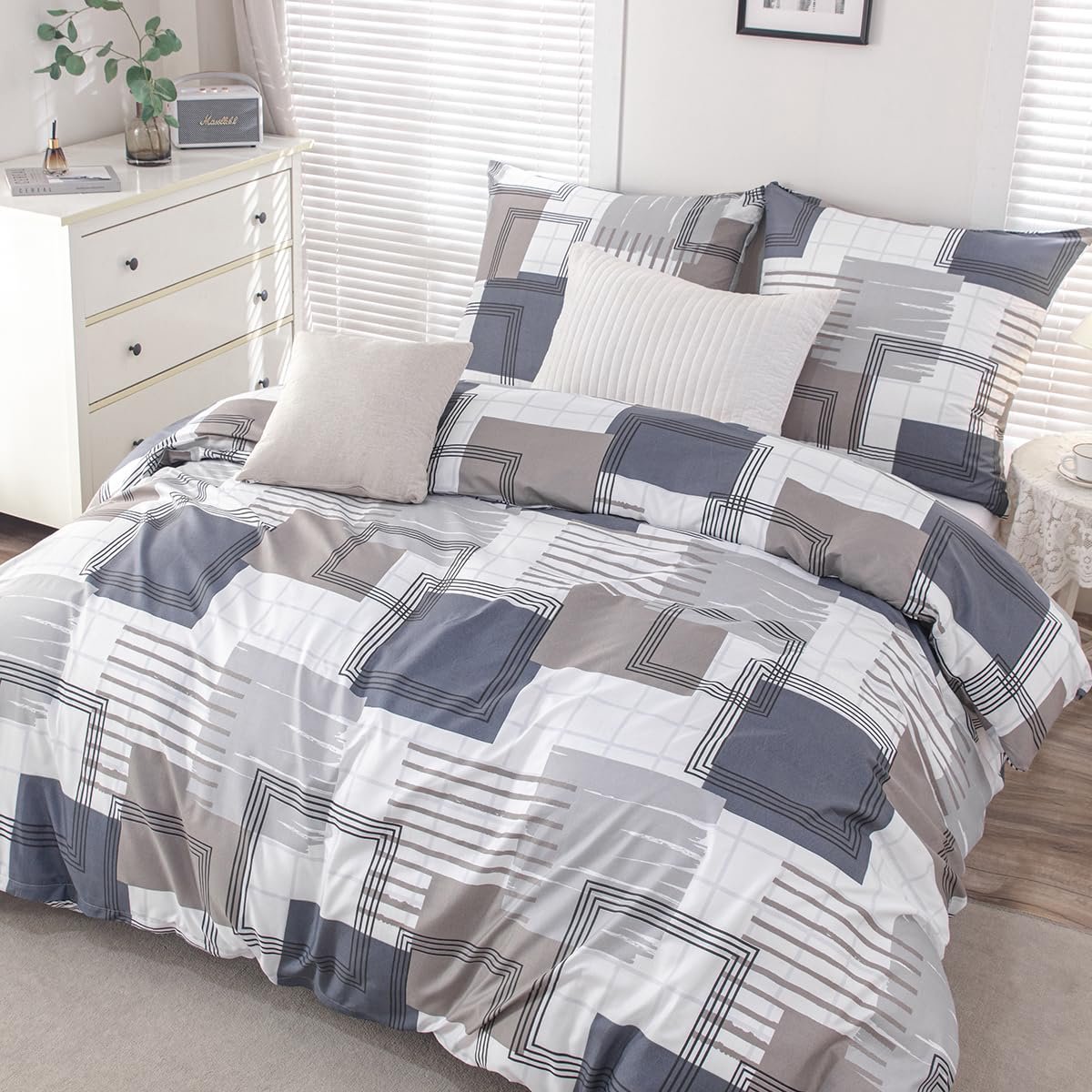 Unyqoos Stijlvol en comfortabel beddengoed met geometrisch patroon in blauw 155 x 220 Kleurjik