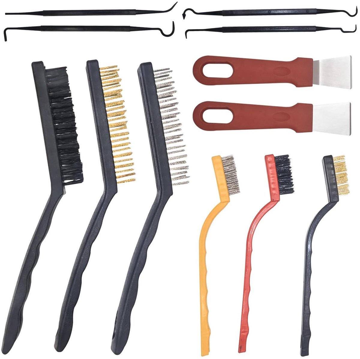 Ronte - Draadborstel Set met Messing en Roestvrij Stalen Borstels - 3 Nylon Koperen Borstels - Reinigingsschrapers - Dubbele Haken - 12-Delige Set