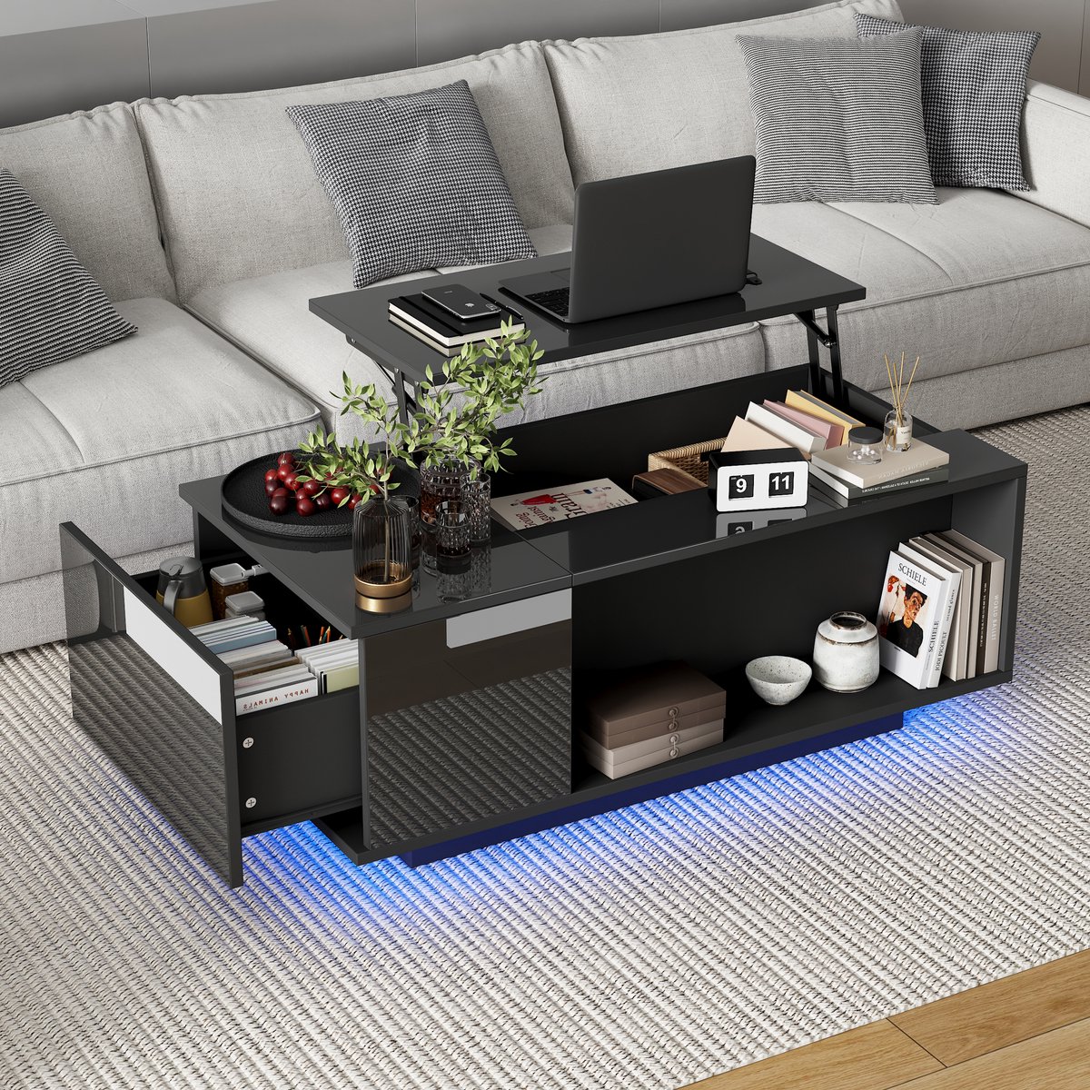 STILVORA Salontafels Koffietafel - Salontafel Met 1 Lade + LED Verlichting - Verstelbaar + Opbergruimte + USB - Woonkamer Tafel - 100x50x40 cm - Spaanplaat - Zwart