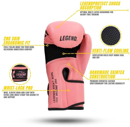 Roze bokshandschoen met gedetailleerde informatie over ergonomische pasvorm, schokabsorptie, ventilatie en constructie.