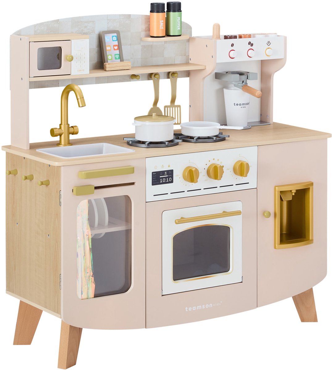 Teamson Kids Houten Speelkeuken Met Espressomachine - Rollenspel Speelgoed - Beige/Goud