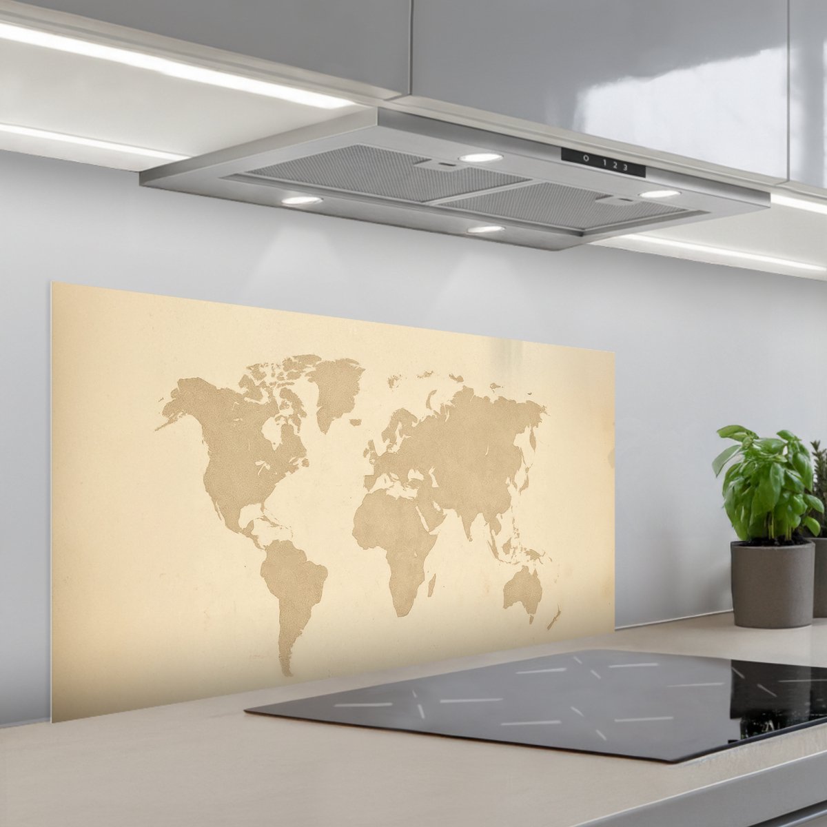Spatscherm 100x50 cm - Zelfklevende achterwand Wereldkaart - Zandkleurig - Minimalistisch - Keuken muurbeschermer - Spatwand fornuis