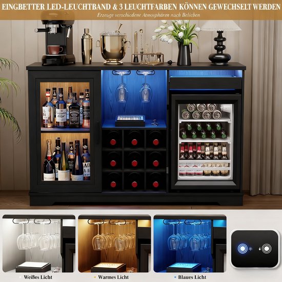 Zwarte buffetkast met glazen deuren, wijnrek en minibar, verlicht met warme en blauwe LED-lampjes. Toont diverse verlichtingsopties.