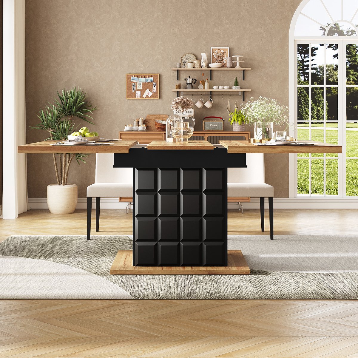 MODFU Uittrekbare Eettafel 110–140×80×75 cm – Teleskoptisch 3‑staps, opbergruimte, Naturel/Zwart Zwart+Natuurlijk