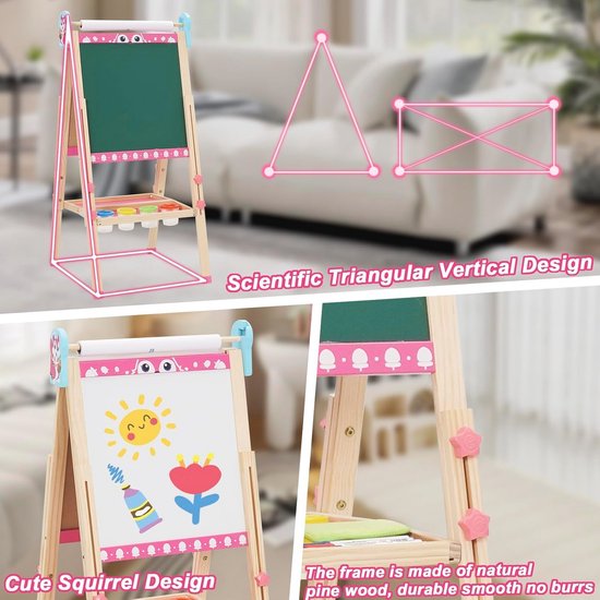 Houten Schildersezel Met Lege Canvas Raad En Het Schilderen Hulpmiddelen Voor Kinderen Stock
