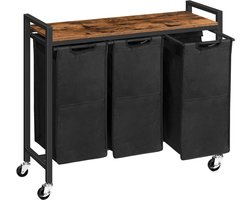 Wasmand 3 vakken, wasverzamelaar met plank, wasbox, waswagen met wieltjes, 3 x 39,8 l, waszak van Oxford-weefsel, vintage bruin-zwart
