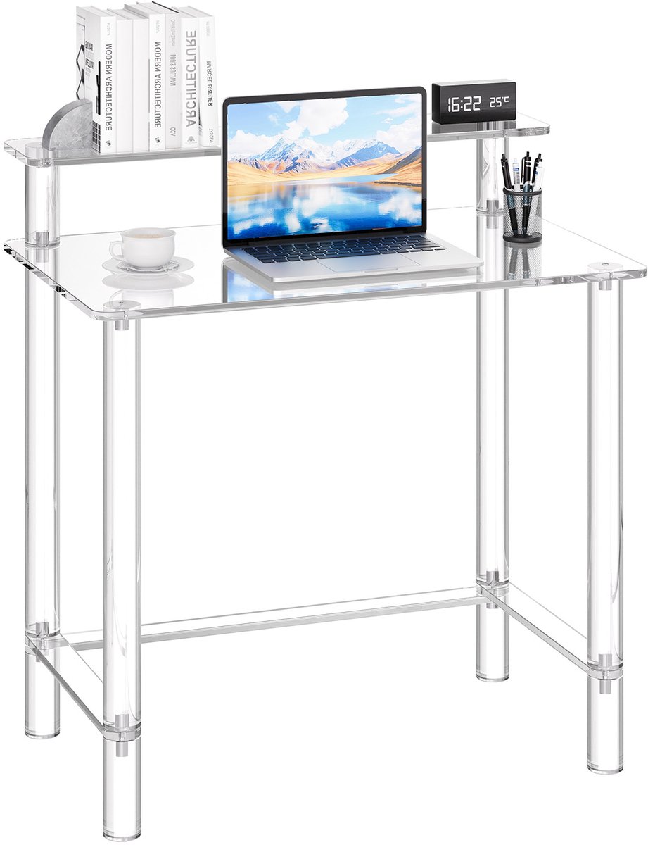 Vevor Acryl Computerbureau 2-laags Kantoortafel met Monitorstandaard, Modern Bureau (draagvermogen 60 kg) voor Slaapkamer Kantoor Studeerkamer Garderobekast, 50 x 80 x 88 cm (Transparant)