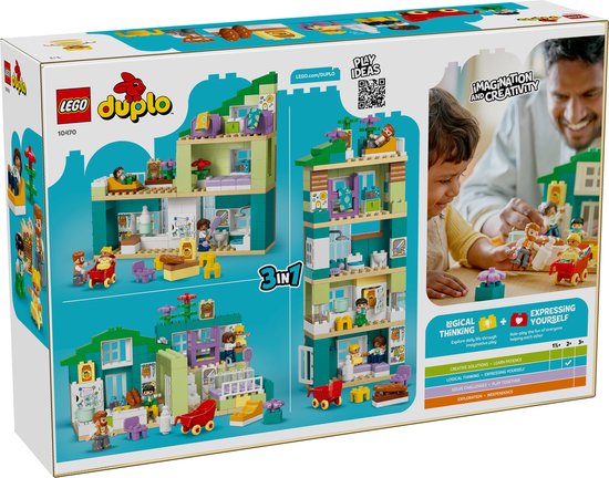 Arrière de la boîte du LEGO Duplo Maison familiale moderne 3-en-1, avec des variantes de jeu.