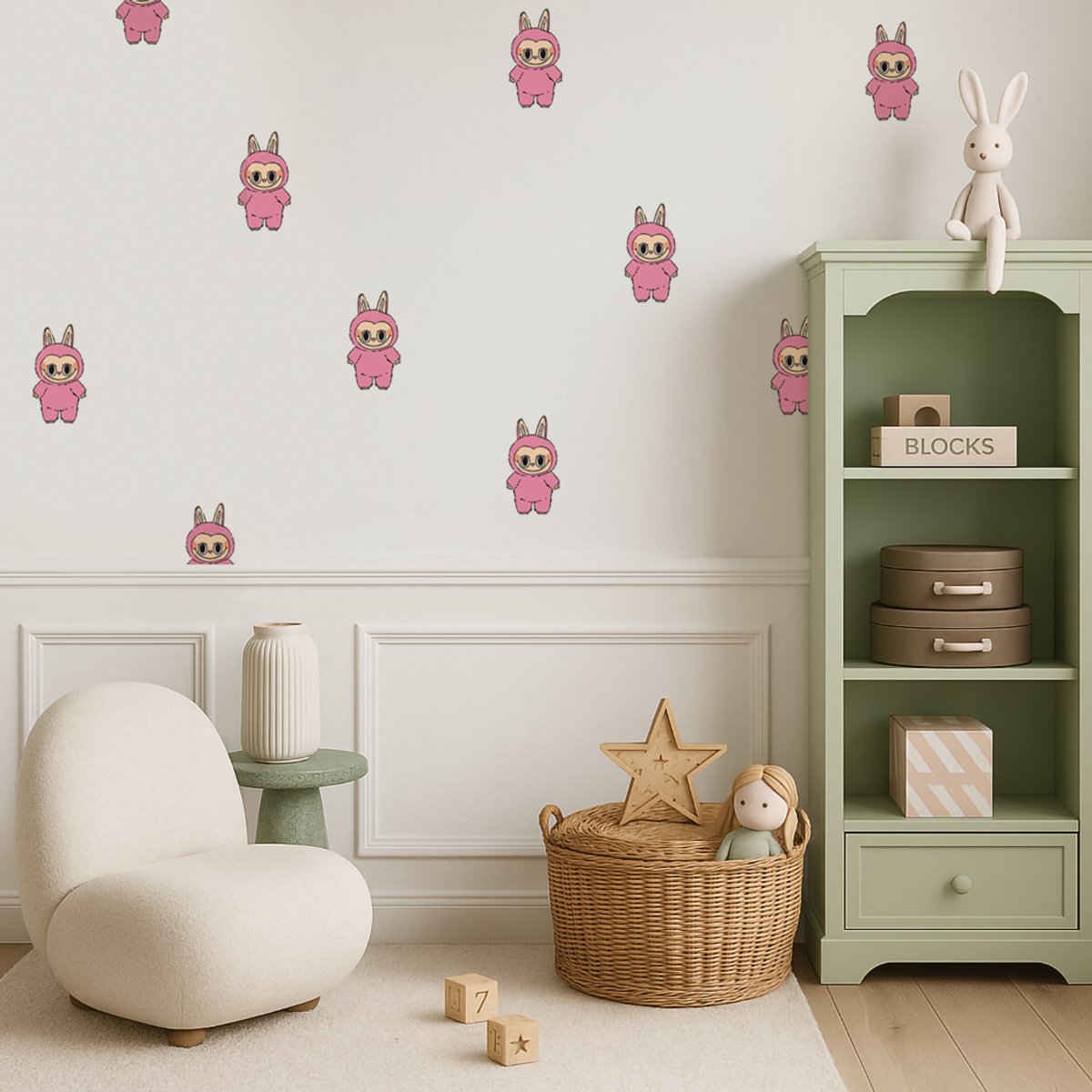 Labubu lookalike muursticker Set – 6 Monsters – Designer Toy Style – Kawaii Forest Creatures – Kinderkamer Decor PINK