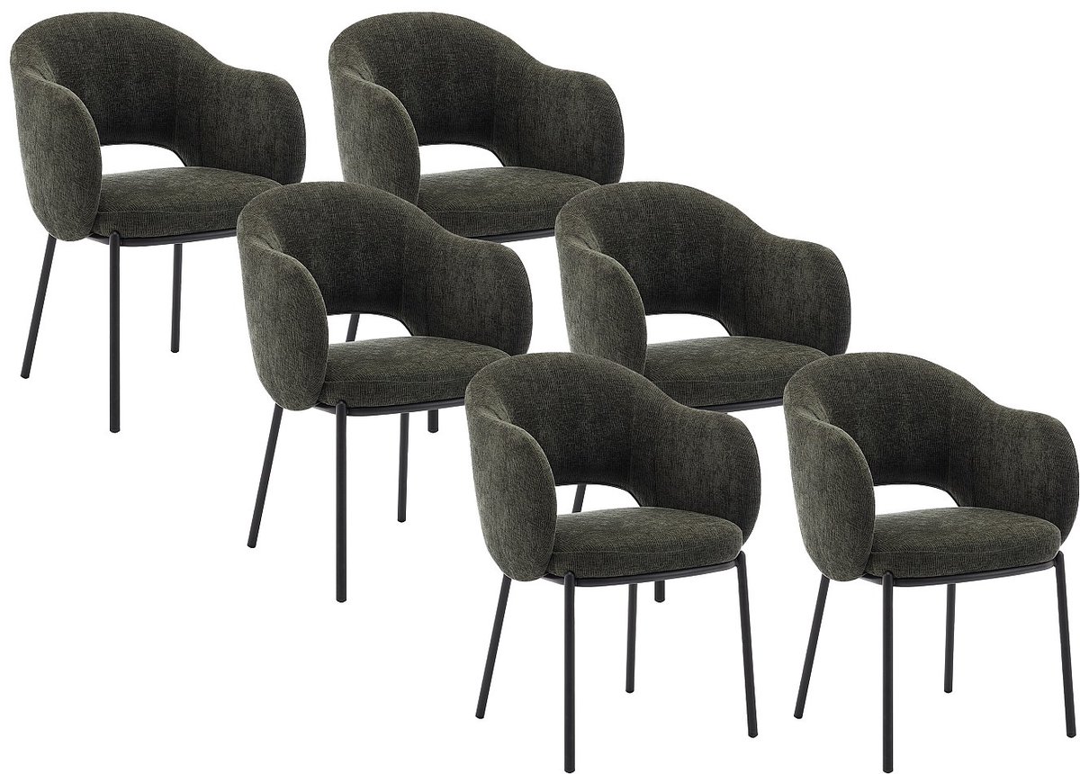 Vente-unique Set van 6 stoelen met armleuningen van stof met textuur en zwart metaal - Groen - ACACILIO