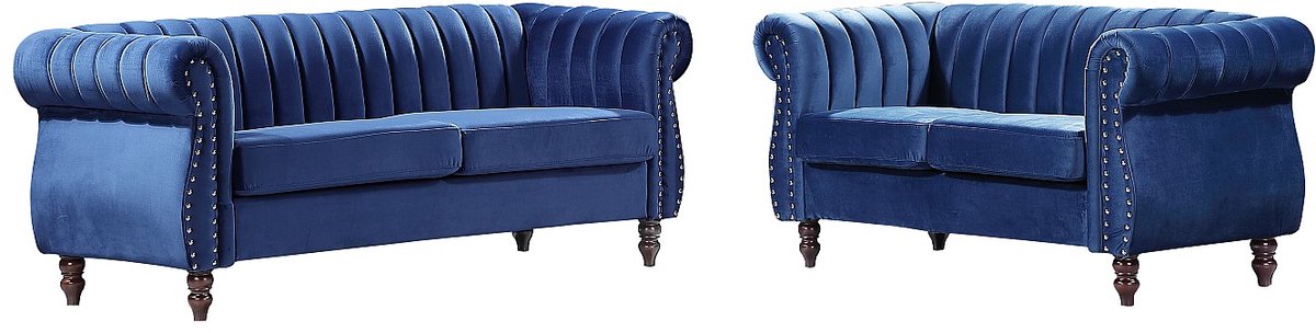 Vente-unique Drie- en tweezits chesterfield bank in koningsblauw fluweel TRUMBO