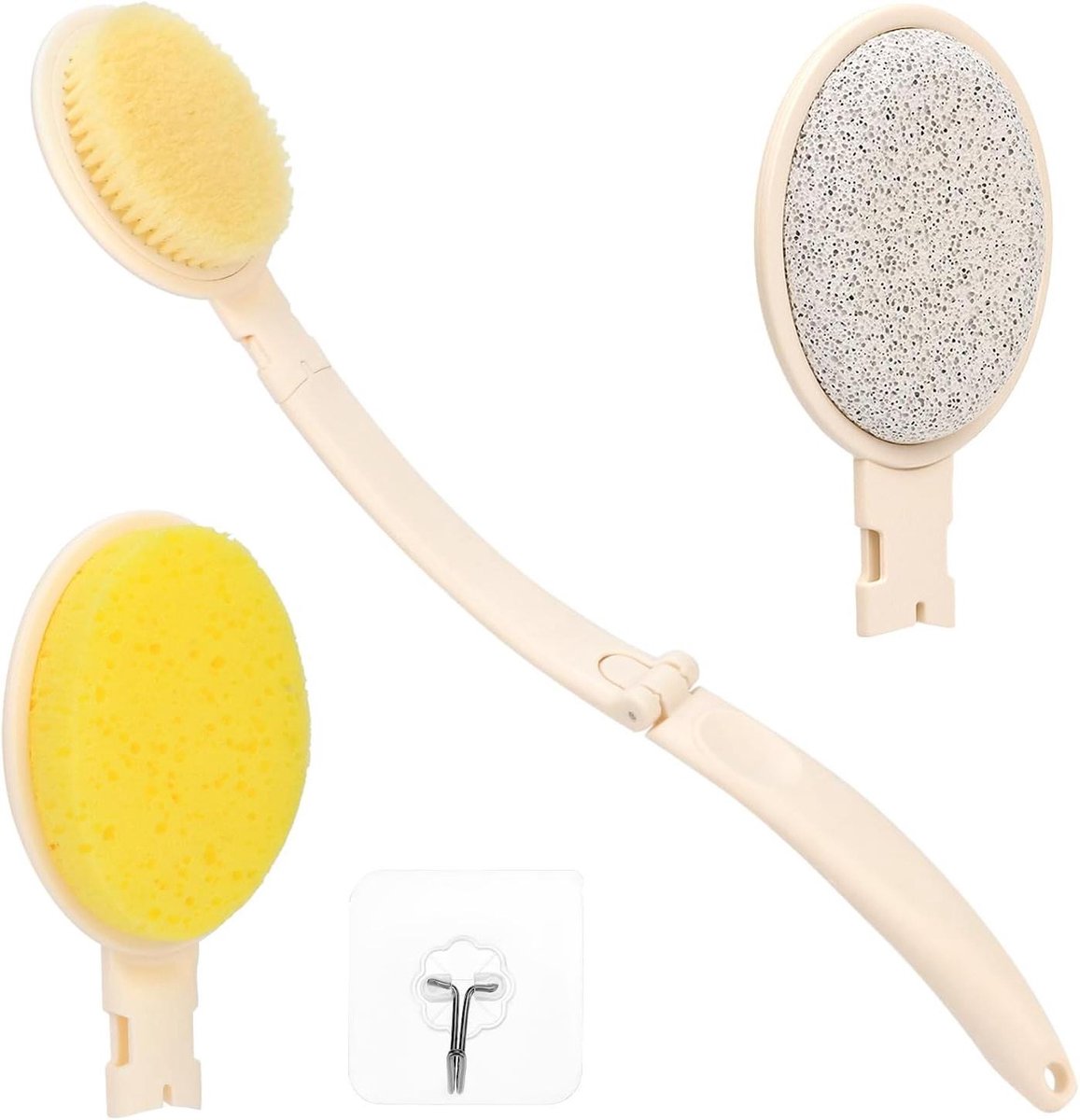 Cosensi - Opvouwbare rugwasmachine voor douche met lange handgreep en 3 borstelhoofden.