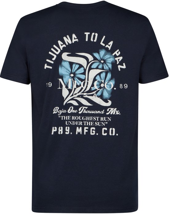 Donkerblauw T-shirt met grafische print van bloemen en tekst "Tijuana To La Paz", "Baja One Thousand Mx.", "The Roughest Run Under The Sun", "P89. MFG. CO."