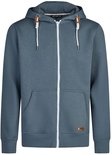 Blauwgrijze hoodie met rits, witte koordjes met bruine details, kangoeroezak en riverso-label.