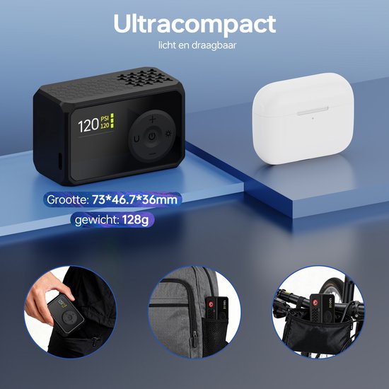 Neuda - Fietspomp Elektrisch mini -- USB C Oplaadbaar - Draagbaar - Smart Digitaal Display - Draagbare Luchtcompressor Bandenpomp - Voor Koersfiets Racefiets Gravelbike Sportfiets Stadsfiets Mountainbike E-bike E-scooter Ballen van Merkloos — afbeelding 3