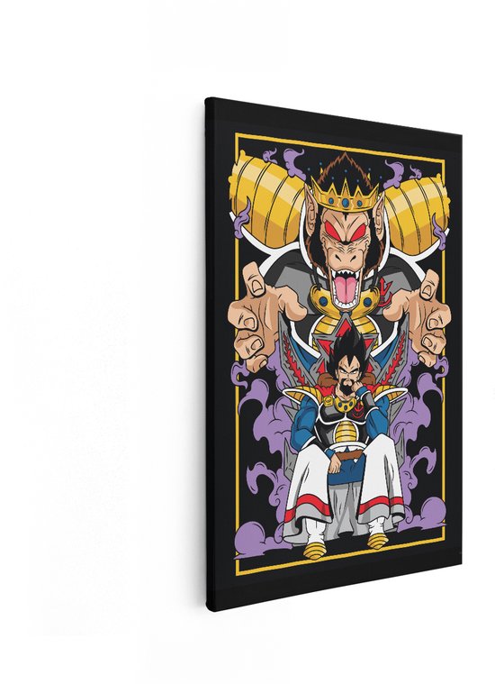 Canvas met Artaza logo, toont Saiyan Koning zittend op troon, met Vegeta, paarse rook, gouden details.