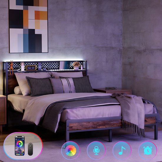 Auralum MAX® - Tweepersoonsbed 140x200 cm - Jongerenbed - Jeugdbed - Heavy Duty Metalen Bedframe - Met LED Verlichting - Stopcontacten - USB Poorten - Type C - Hoofdbord met Opbergruimte