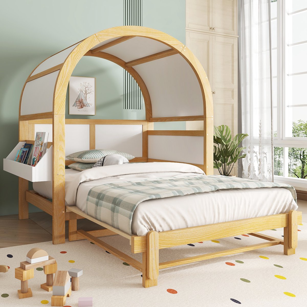 MODFU Ledikant 140x200 cm van massief grenenhout en MDF – wit/naturel – huisvormig gebogen dak met uitschuifbed Wit+Natuurlijk
