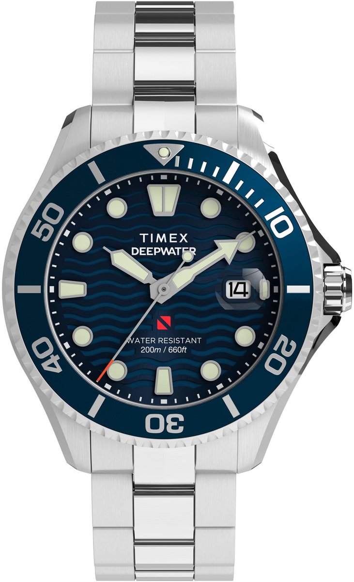 Timex Deepwater Meridian Quartz Analoog Horloge Zilver En Blauw Kast: 100% Roestvrij Staal | Armband 100% Roestvrij Staal 44 mm TW2W81900AJ, TW2W82000AJ