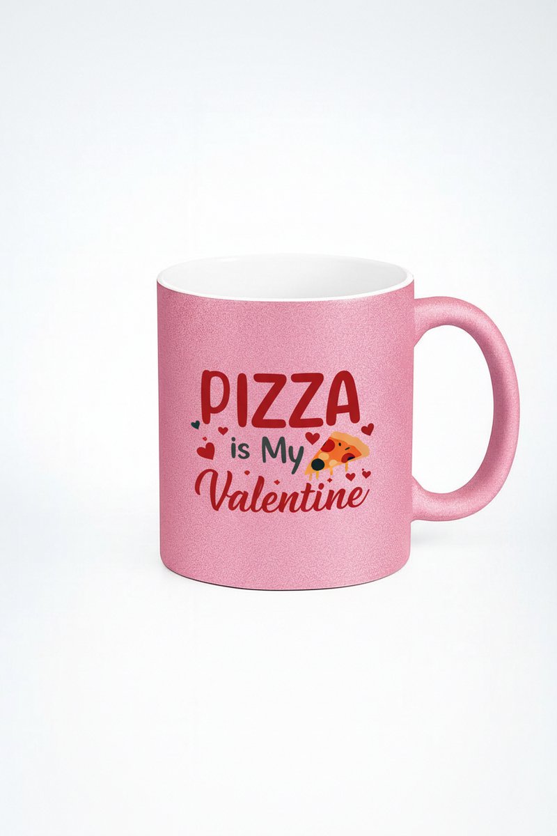 Roze Glitter Mok 'Pizza is My Valentine' - Grappig en Uniek Valentijnscadeau