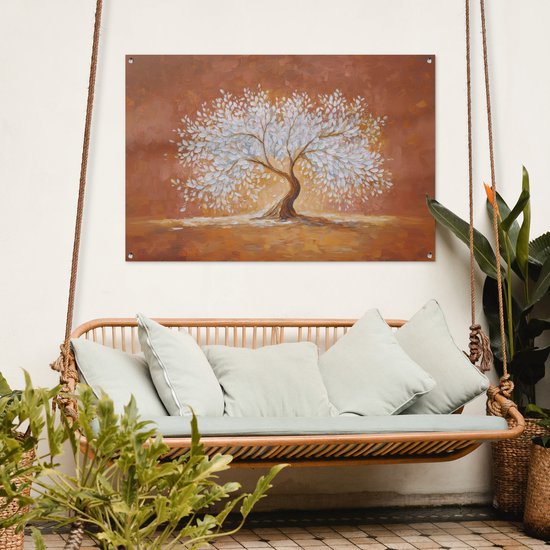 Poster de jardin 120x80 cm - Décoration de jardin Abstrait - Arbre - Blanc - Feuilles - Poster pour le jardin - Décoration extérieure - Tableau de jardin pour clôture - Toile de jardin décoration murale - Décoration de balcon