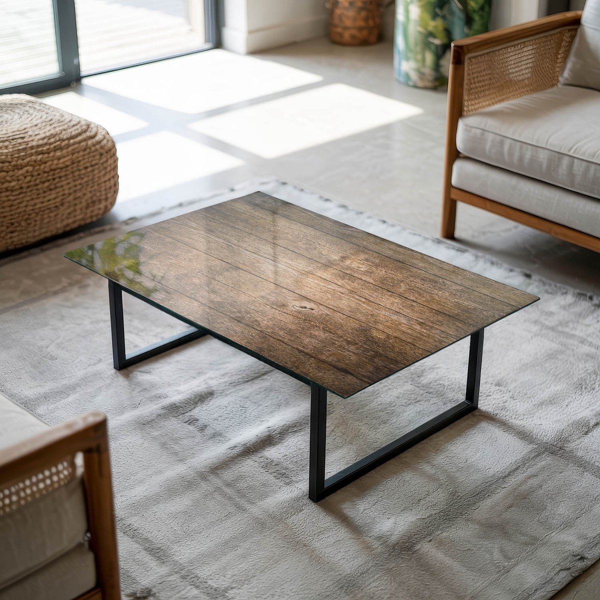 Coloray Tafelblad - Tafelblad Glas - 80x60 cm - Bruin - Rechthoek Glazen Tafelblad - Tafelblad Van Glas - Tafelblad Vierkant - Salontafel Blad - Gehard Glas Tafelblad woonkamerdecoratie Bruin - Houten paneelpatroon