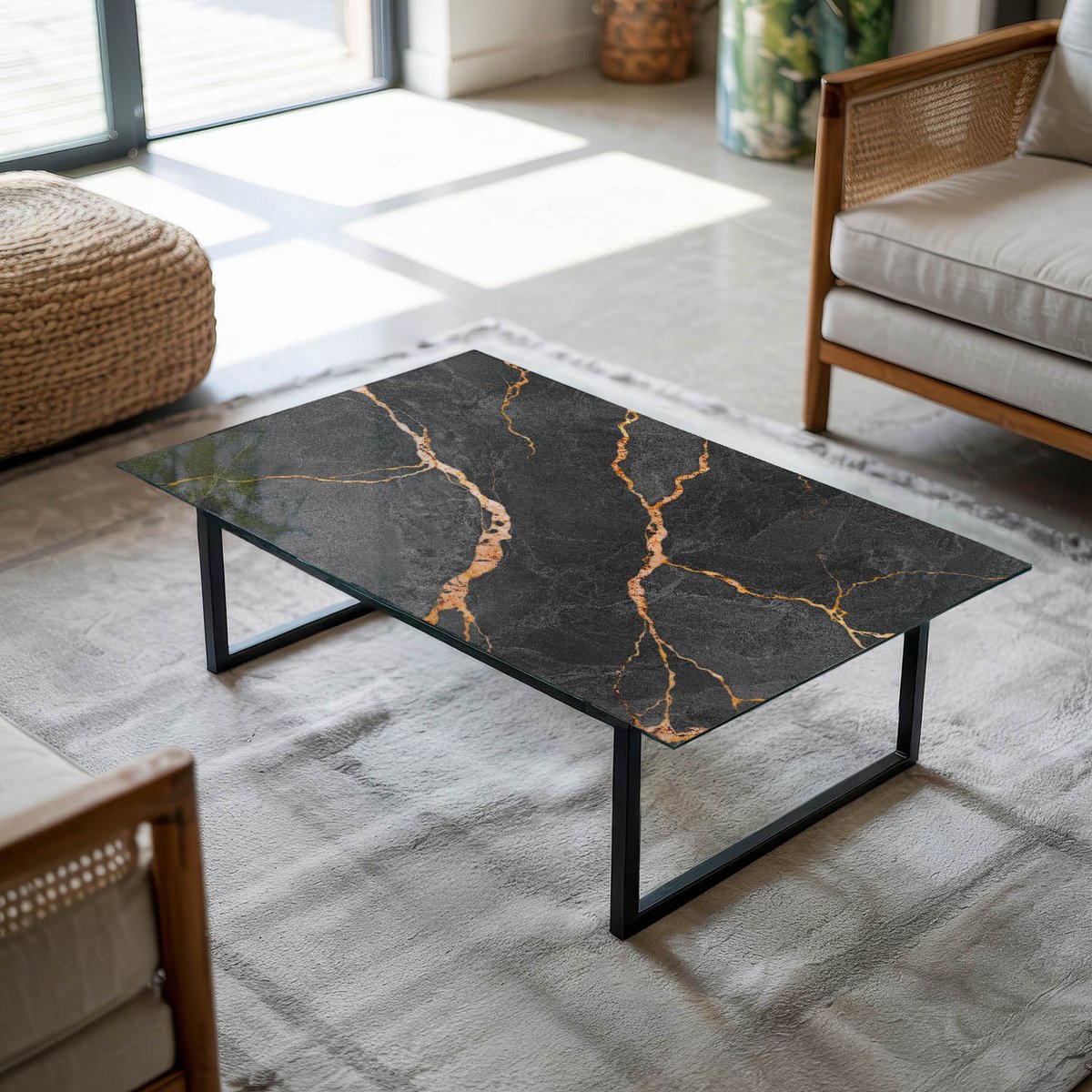 Coloray Tafelblad - Tafelblad Van Gehard Glas - 120x80 cm - Zwart - Rechthoek Glazen Tafelblad - Tafelblad Buiten - Tafelblad Voor Buiten - Buiten Tafelblad - Los Tafelblad woonkamerdecoratie Zwart - Marmerpatroon met fijne aderen