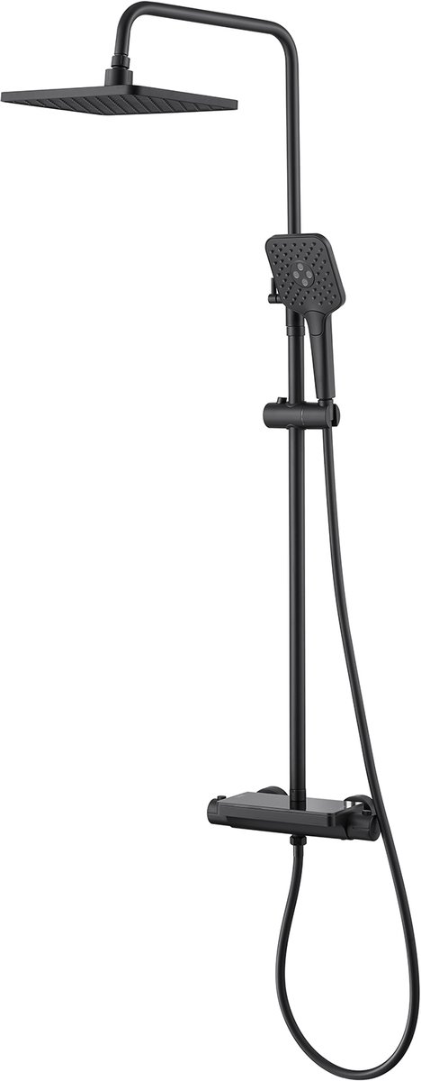 Lonheo Regendouche met Thermostaatkraan - Douchesysteem - Doucheset Met planchet - 3 Functie Handdouche - Verstelbare Hoogte 88-125 cm - Zwart