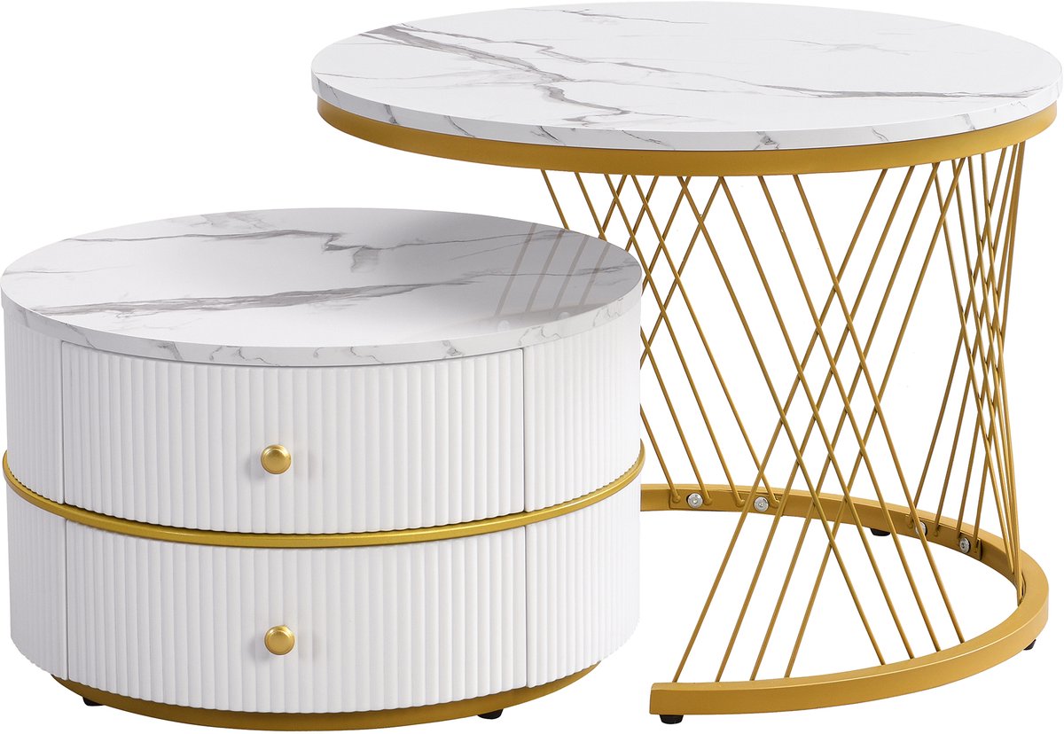MODFU Salontafel set 60*60*46 cm + 50*50*30,8 cm van MDF, wit met hoogglans marmerlook en 2 lades, set van 2