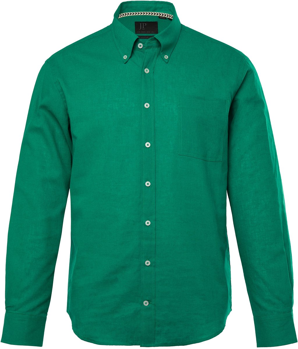 JP 1880 - Heren - Overhemd van een linnenmix lange mouwen button-down kraag - Grasgroen - Maat 4XL