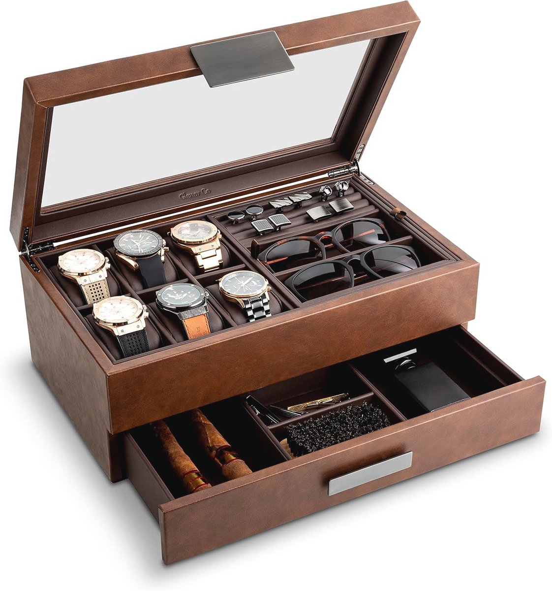 Sieradendoos voor mannen - Geschikt voor 6 horloges, 12 manchetknopen en 2 zonnebrillen - CarbonFiber Organizer met metalen accenten