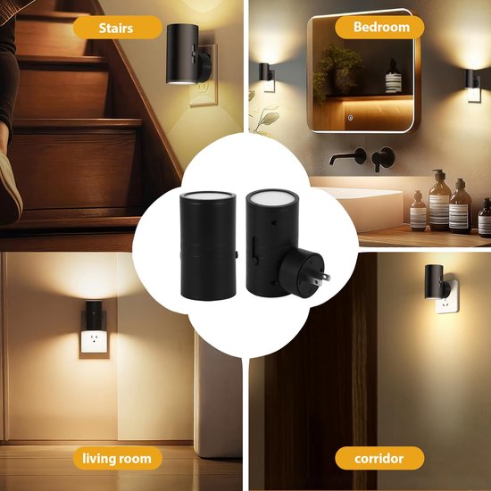 2-stuks Plug-in LED-nachtlampje - LED-nachtlampje - Decoratieverlichting voor binnen - Met lichtsensor - 3000K warm licht - 0-80 lumen - Instelbare helderheid - Geschikt voor gangen, trappenhuizen, slaapkamers, achtertuinen, enz. - Zwart van Merkloos — afbeelding 5