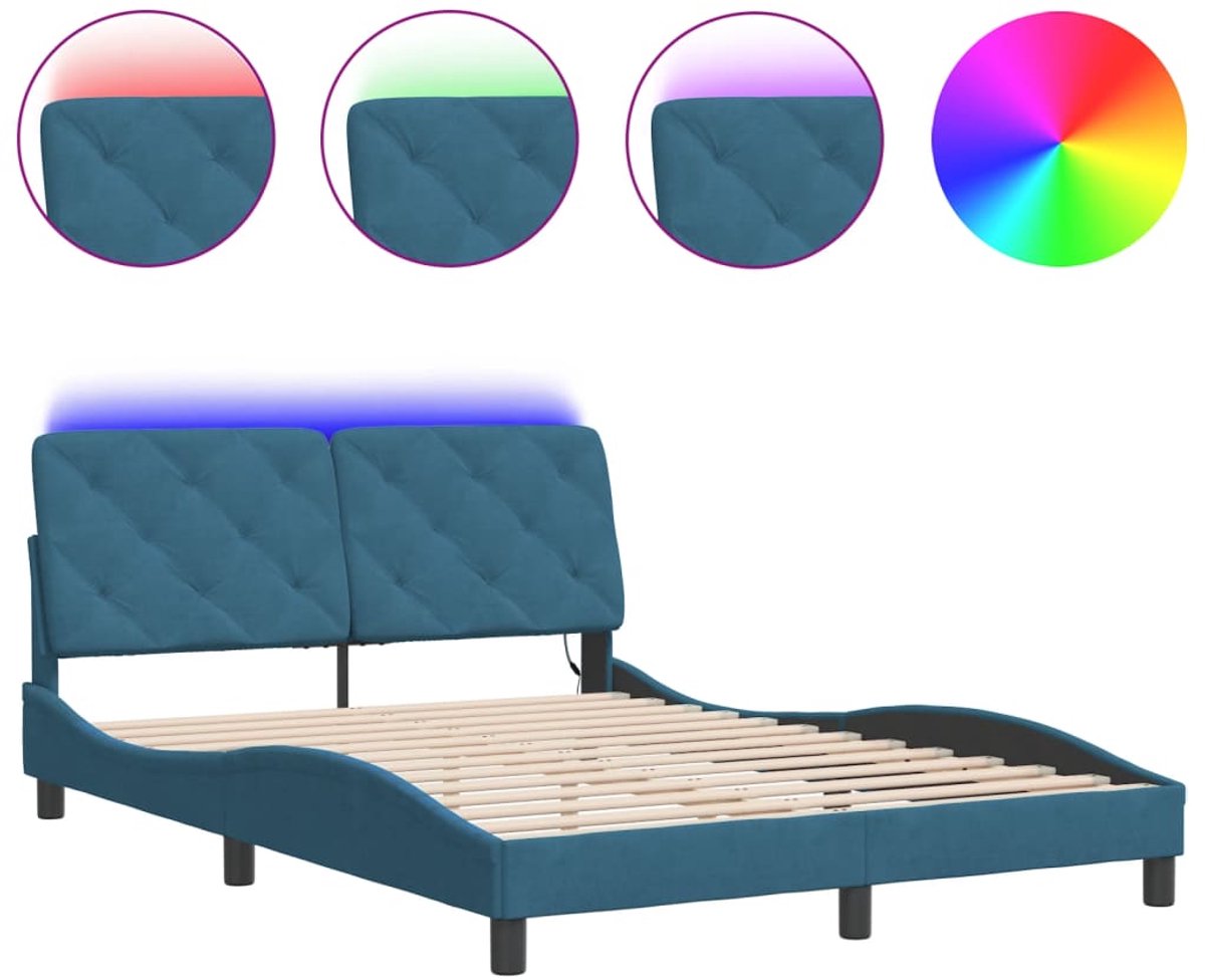 Tweepersoonsbed | Dubbelbed | Volwassenenbed | Bedframe met LED zonder matras fluweel blauw 140x200 cm