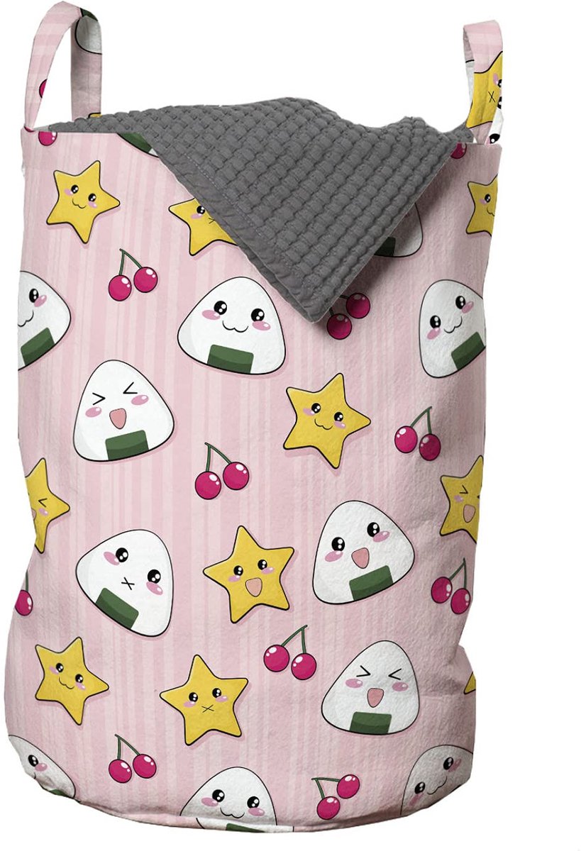 ABAKUHAUS Anime-waszak, Japanse grappige voedselpatronen, wasmand met handvatten en trekkoordsluiting voor wasserettes, 33 cm breed x 49 cm hoog, veelkleurig