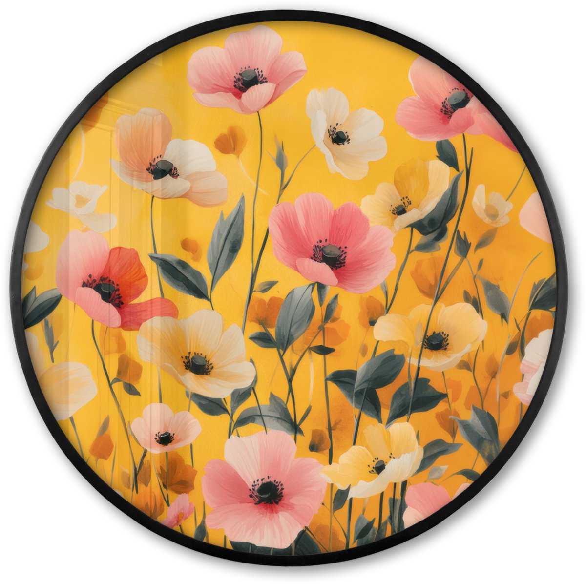 FrameYourWall Poster in lijst Rond - Fotolijst 60x60 cm - Posters - Bloemen - Veld - Geel - Ronde posterlijst zwart - Decoratie - Wanddecoratie woonkamer - Muurdecoratie slaapkamer