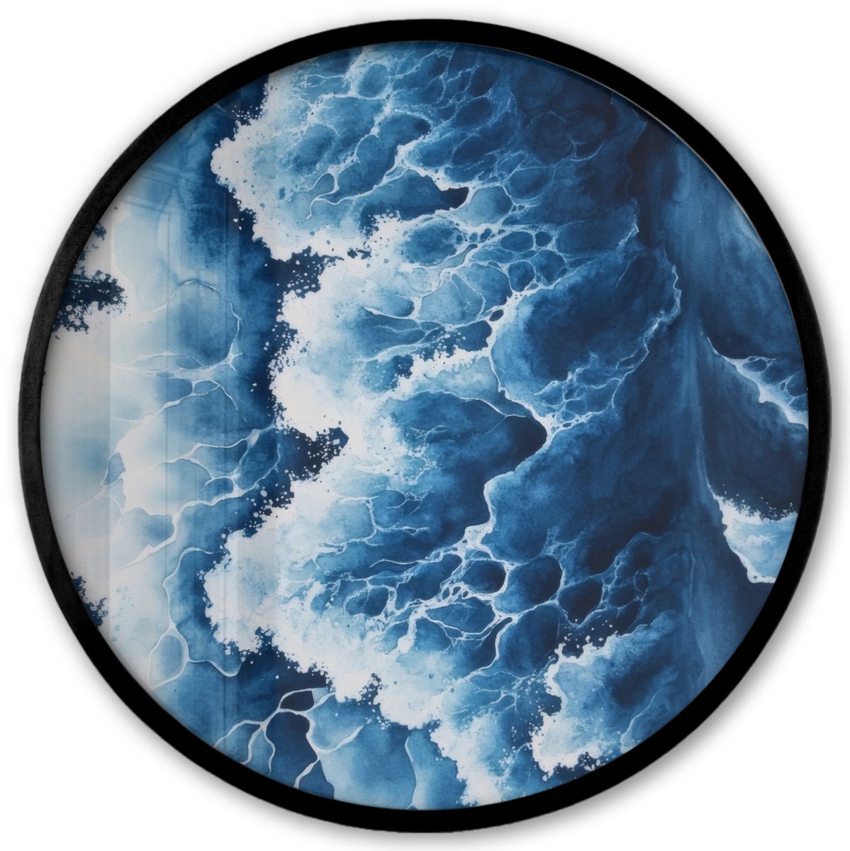 FrameYourWall Poster in lijst Rond - Fotolijst 40x40 cm - Posters - Golven - Blauw - Schuim - Ronde posterlijst zwart - Decoratie - Wanddecoratie woonkamer - Muurdecoratie slaapkamer Zee Golven